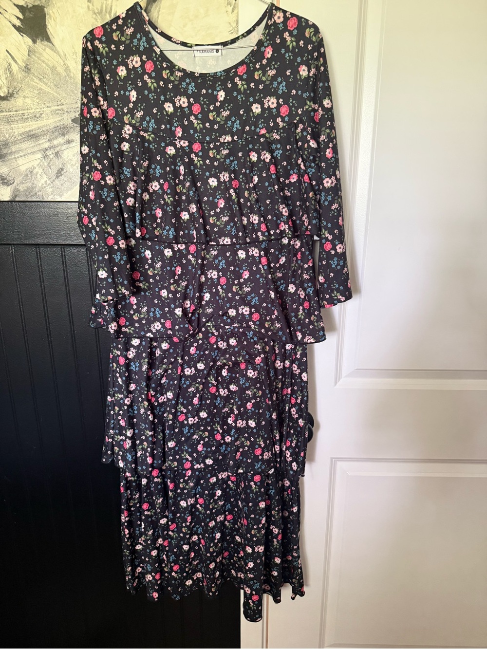 Floral Tiered Long Sleeve Dress - Black/Pink - Unknown Brand